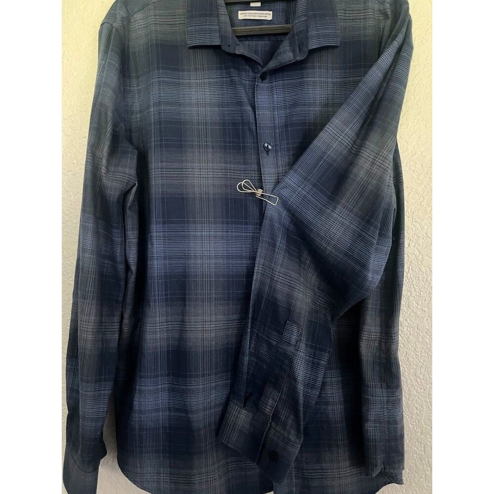 Calvin Klein‎ Mens Lrg LS Shirt Infinite Cool Non-Iron Plaid Dress Blue